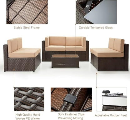 7 Piece Outdoor Patio Furniture Set, PE Rattan Wicker Sofa Set, Outdoor Sectional Furniture Chair Set with Cushions and Tea Table, Brown