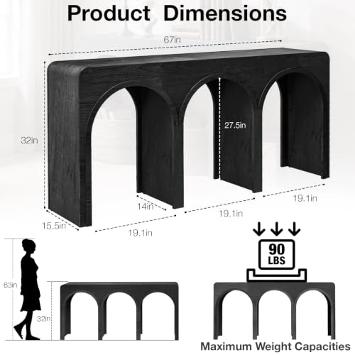 67" Long Arched Console Table, 15.5" Deep Modern Designer Entryway Table, Sculptural Triple Arch Sofa Table for Living Room, Hallway, Behind Couch, Multi-Scene Accent Furniture, Black Wood Finish