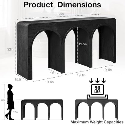 67" Long Arched Console Table, 15.5" Deep Modern Designer Entryway Table, Sculptural Triple Arch Sofa Table for Living Room, Hallway, Behind Couch, Multi-Scene Accent Furniture, Black Wood Finish