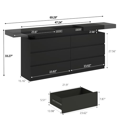 6 Drawer Dresser for Bedroom Black Dresser with Hidden Sliding Desktop, view 3