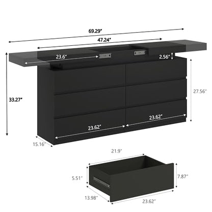 6 Drawer Dresser for Bedroom Black Dresser with Hidden Sliding Desktop, view 3