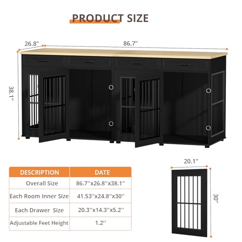87" Dog Crate Furniture for 2 Dogs, Double Dog Cage Furniture, Black, view 3