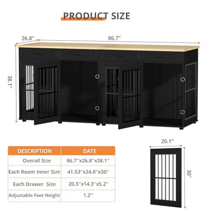 87" Dog Crate Furniture for 2 Dogs, Double Dog Cage Furniture, Black, view 3