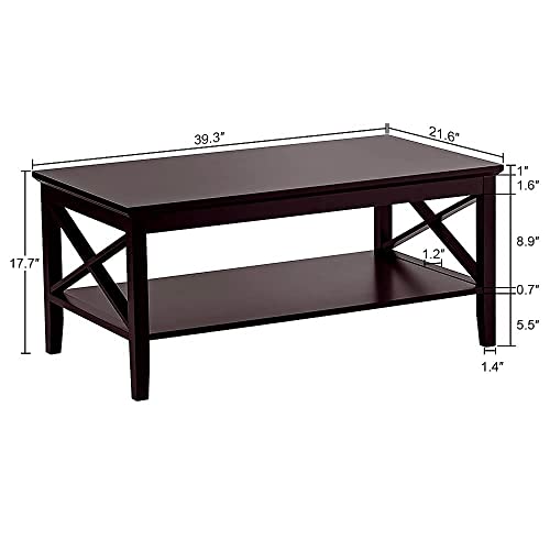 Oxford Coffee Table with Thicker Legs, Espresso Wood Coffee Table with Storage for Living Room 40 inches