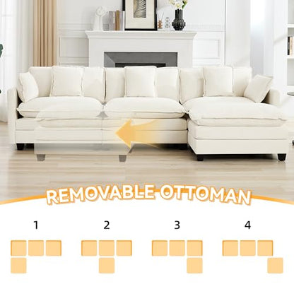 111'' Sectional Cloud Deep Seat Couch, Modern Comfy Chenille L Shaped Sectional Sofa for Living Room Set, Upholstered Modular 4-Seats Sofa Couch with Movable Ottoman, Beige