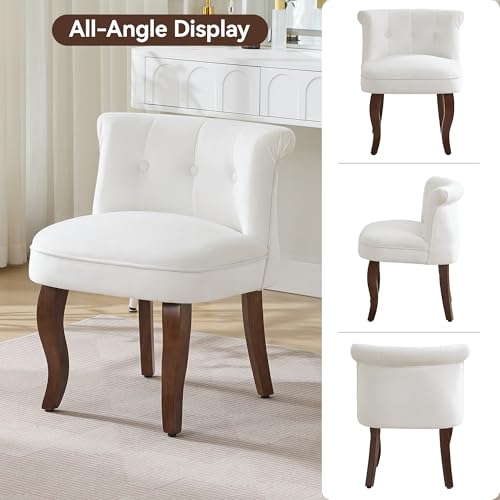 Velvet Vanity Chair with Back, Tufted Upholstered Vanity Stool with Solid Wood Legs, Mid Century Small Makeup Chair for Vanity, Accent Chair for Bedroom, Living Room, White