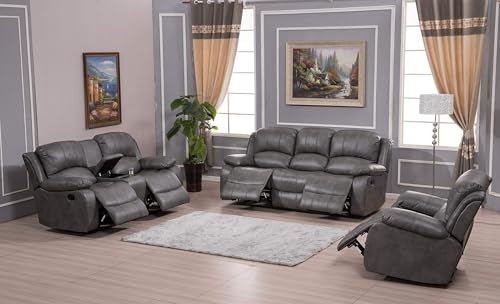 3PC Faux Leather Reclining Couch Set, Living Room Furniture Set, Sofa, Loveseat, Glider, 8018 Multiple Colors (Gray, Sofa+Loveseat+Chair) | 8018