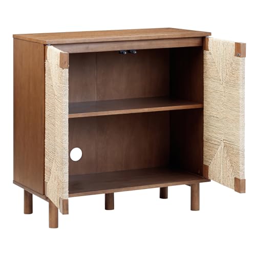 Nathan James Beacon Boho Accent Cabinet with Doors, Free Standing Kitchen Cabinet Storage with Adjustable Interior Shelf and Seagrass Accent, Dark Brown