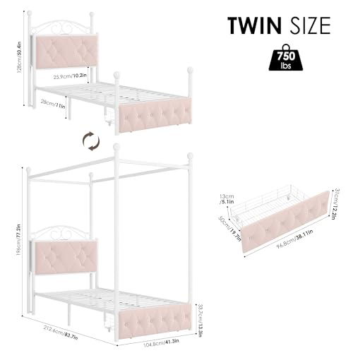 Twin Upholstered Canopy Bed Frame with Drawer & Crystal Tufted Storage, view 3