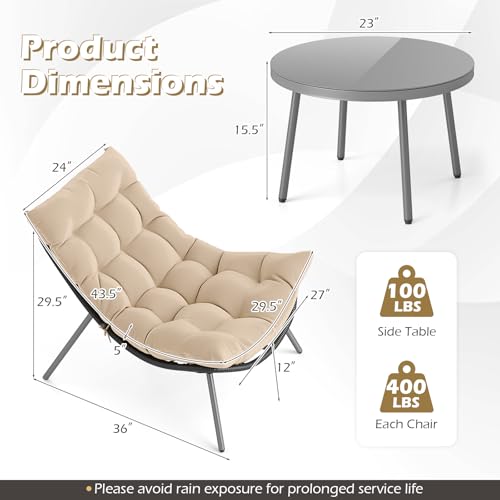 3 Pieces Patio Furniture Set, Outdoor Rattan Wicker Bistro Conversation Set with Cushioned Papasan Chairs and Tempered Glass Coffee Table for Porch, Balcony, Deck and Garden