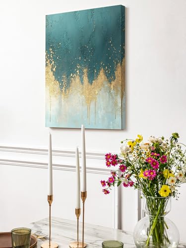 NuYeBiofx Abstract Teal Light Blue Color Block Canvas Wall Art Prints,48"x32" Framed Picture Artwork Modern Gold Splicing Art Printed Canvas Oil Painting for Living Room Bedroom Office,Ready to Hang