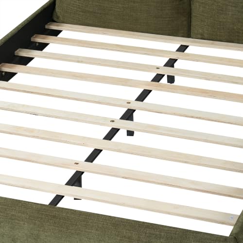 Queen Linen Blend Platform Bed with 2 Headboard Pillows, Olive Green, view 8