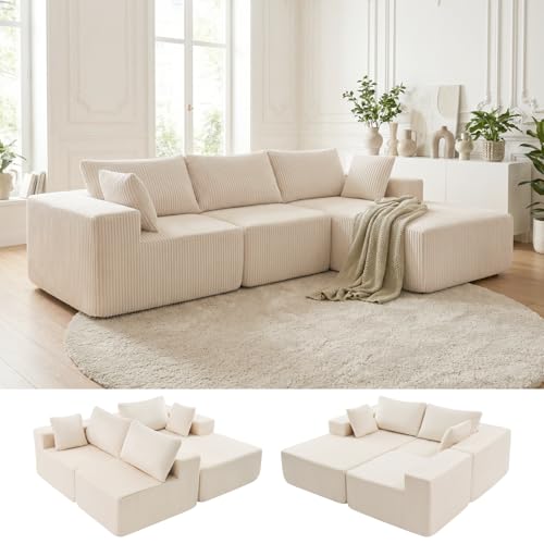108" L-Shaped Sectional Boneless Couch for Living Room, Upholstered Corduroy Sofa with Deep Seat for Small Apartment, Bedroom, No Assembly in a Box, Right Facing Chaise, Beige