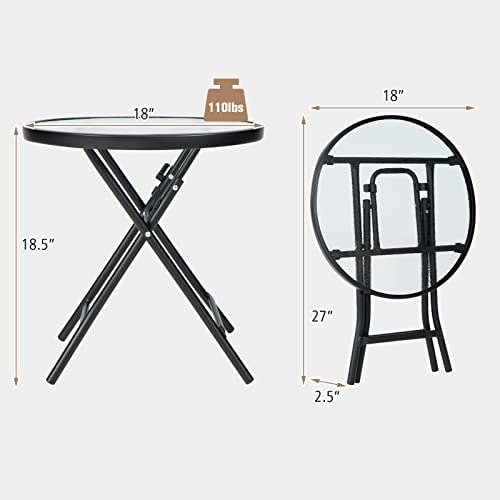 Outdoor Side Table, Folding Small Patio Table with Tempered Glass Tabletop, Steel Frame, Round Outdoor End Table with Anti-Slip Footpads for Balcony Garden Backyard Deck Poolside