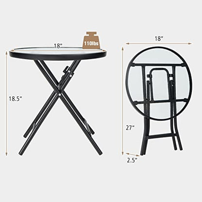 Outdoor Side Table, Folding Small Patio Table with Tempered Glass Tabletop, Steel Frame, Round Outdoor End Table with Anti-Slip Footpads for Balcony Garden Backyard Deck Poolside