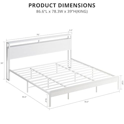King Size Bed Frame with 2-Tier Storage Shelf Headboard, view 3