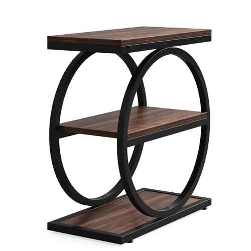 Tribesigns End Table Set of 2, Narrow End Table with 3 Storage Shelves, Wooden Side Table, Industrial Small Sofa Side Table for Living Room, Slim Nightstand and Bedside Table for Bedroom
