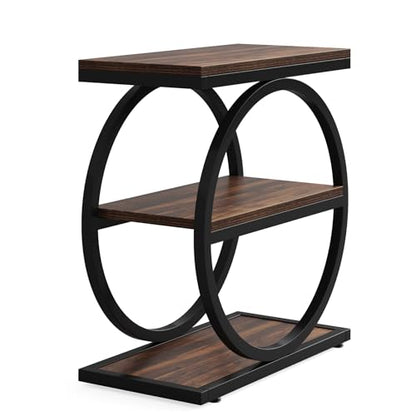 Tribesigns End Table Set of 2, Narrow End Table with 3 Storage Shelves, Wooden Side Table, Industrial Small Sofa Side Table for Living Room, Slim Nightstand and Bedside Table for Bedroom