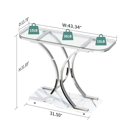Silver Glass Console Tables for Entryway,Glass Entryway Table with Curved Frames and Marble Base, Modern Entrance Table Sofa Table for Living Room,Hallway,Silver Glass&White Marble