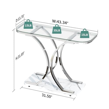 Silver Glass Console Tables for Entryway,Glass Entryway Table with Curved Frames and Marble Base, Modern Entrance Table Sofa Table for Living Room,Hallway,Silver Glass&White Marble
