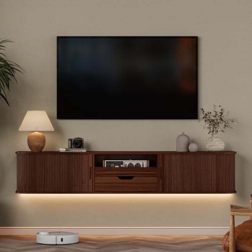 DHH 71" Floating Fluted TV Stand with Drawer for TVs up to 80",Walnut, view 2