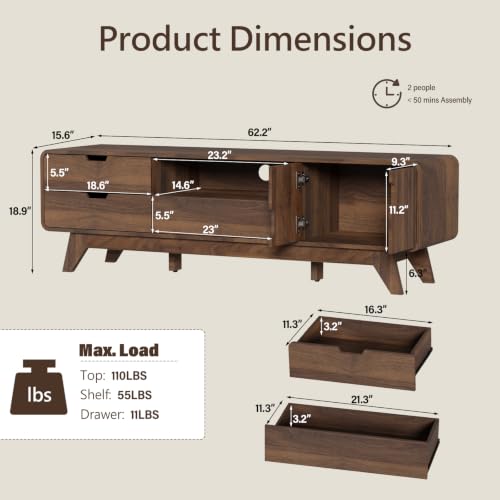 63" TV Stand, Mid Century Modern TV Stands for TVs up to 70 inch, view 3