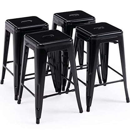 24 Inch Metal Bar Stools, Backless Counter Height Barstools, Indoor Outdoor Stackable Stools with Square Seat, Set of 4 (Black)