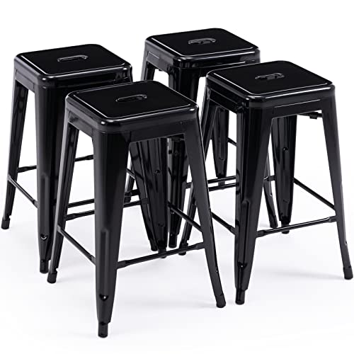 24 Inch Metal Bar Stools, Backless Counter Height Barstools, Indoor Outdoor Stackable Stools with Square Seat, Set of 4 (Black)