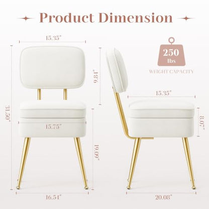 MALOL Velvet Vanity Makeup Chair with Storage and Back, Cute Vanity Stool Desk Chair No Wheels Ottoman for Dressing Bedroom Closet, Adjustable Golden Metal Legs, Beige