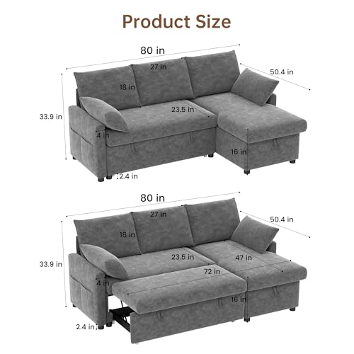 Sofa Bed, 80'' L Shape Chenille Sleeper Sofa Couch with Pull Out Bed and Storage Chaise for Living Room, Apartment and Hotel, Dark Gray