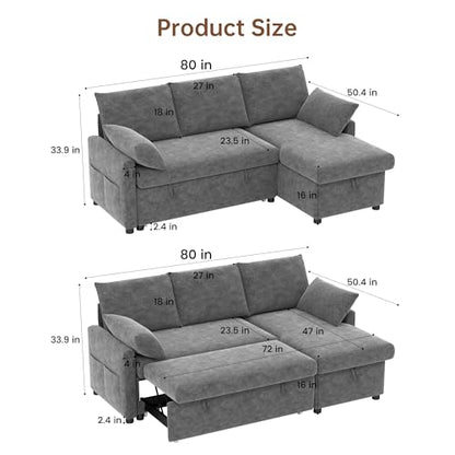 Sofa Bed, 80'' L Shape Chenille Sleeper Sofa Couch with Pull Out Bed and Storage Chaise for Living Room, Apartment and Hotel, Dark Gray