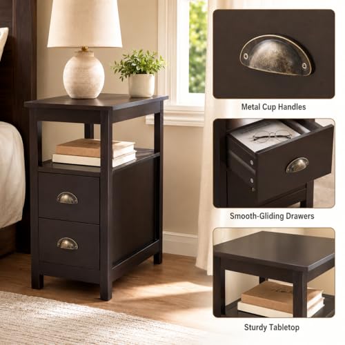 Side Table Living Room Narrow Rustic End Table Bedroom with 2 Drawers and 1 Open Shelf for Small Space（Brown, 23.6" L x 11.8" W x 24’’H）