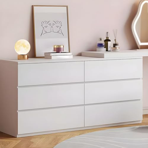 LAKIQ Modern White Makeup Vanity Desk with 6 Drawers Storage Manufactured Wood Adjustable Vanity Dressing Table for Small Space Without Mirror Stool (Vanity Desk Only, (31.5"+47.2")L x 16"W x 29.5"H)
