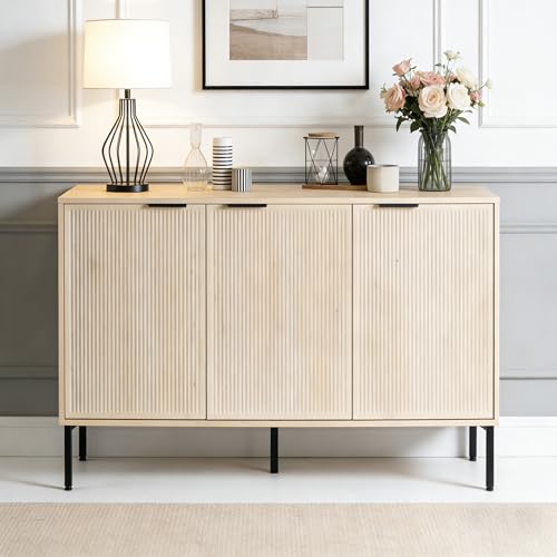 Modern Buffet Sideboard Cabinet with Storage, Fluted Coffee Bar with 3 Doors and Adjustable Shelves, Wood Console Cabinet for Dining Room, Kitchen, Living Room, Entryway