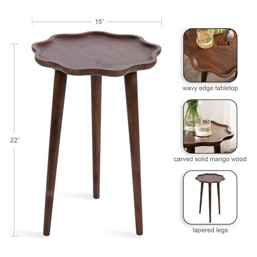 Alezar Modern Wooden Round Side Table, 15 x 15 x 22, Walnut Brown, Mid-Century Solid Wood End Table with Wavy Edge for Bedroom Nightstand or Living Room Accent Table