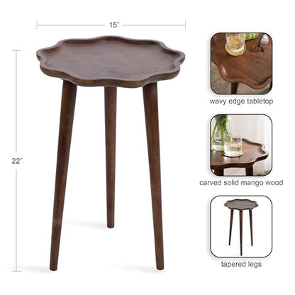 Alezar Modern Wooden Round Side Table, 15 x 15 x 22, Walnut Brown, Mid-Century Solid Wood End Table with Wavy Edge for Bedroom Nightstand or Living Room Accent Table