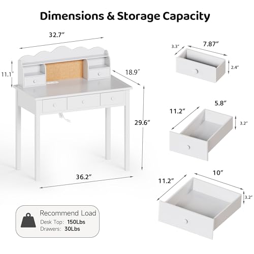 Writing Desk With Hutch, 36" Small White 5 Drawer Girls Desk, Pre-installed, view 3