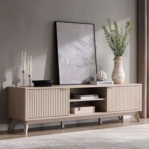 70" Mid Century Modern Fluted TV Stand w/ 2 Soft Close Door,Alder White, view 2