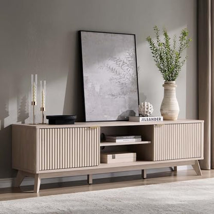 70" Mid Century Modern Fluted TV Stand w/ 2 Soft Close Door,Alder White, view 2