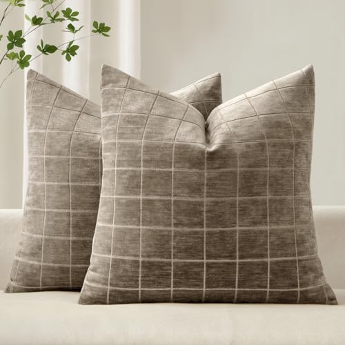 Taupe Grey Plaid Decorative Fall Throw Pillow Covers 20x20 Set of 2, view 2