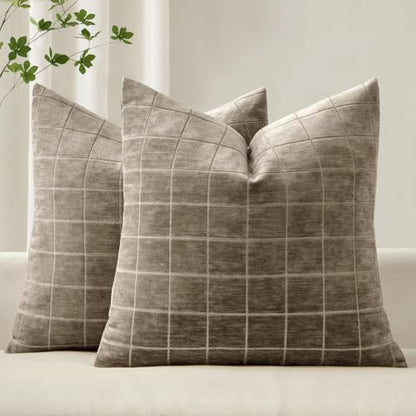 Taupe Grey Plaid Decorative Fall Throw Pillow Covers 20x20 Set of 2, view 2