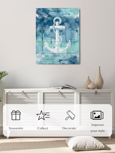 NuYeBiofx Nautical White Anchor Silhouette Canvas Wall Art Prints,48"x32" Framed Picture Artwork Farm Teal Ombre Wood Grain Printed Canvas Oil Painting for Living Room Bedroom Office,Ready to Hang