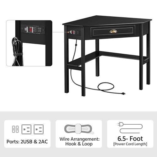 Yaheetech L Shaped Computer Desk Corner Table with Charging Station Outlets for Small Space, 90 Degree Triangle Desk Home Office Table with Drawer and Storage Shelf for Workstation, Living Room, Black