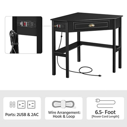Yaheetech L Shaped Computer Desk Corner Table with Charging Station Outlets for Small Space, 90 Degree Triangle Desk Home Office Table with Drawer and Storage Shelf for Workstation, Living Room, Black