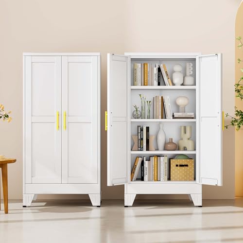 47.25" Metal Garage Storage Cabinet, Heavy Duty Steel Tool Cabinet with 2 Doors & 3 Adjustable Shelves, Freestanding Organizer Cabinet for Garage Home Office Basement (White)