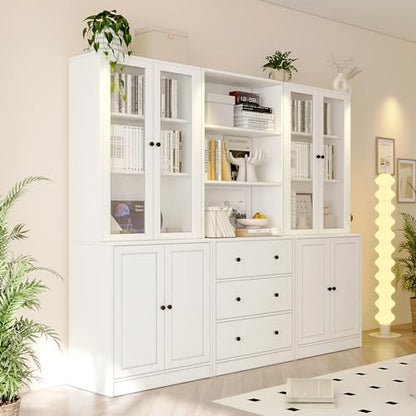 71" H Bookshelf with Storage, 6-Tier Modern Bookshelves with 3 Large Drawer, Display Bookcase with Glass Doors, Modern 5-Tier Curio Cabinet for Home Office, Dining Room (White, ABA)