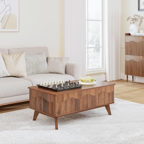 Lift Top Coffee Table with Hidden Storage, Farmhouse Fluted Coffee Table with Wave Profile, Rising Top Rectangular Center Table for Living Room (Walnut)