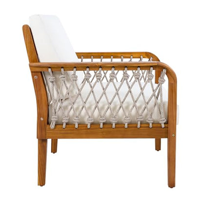 Arami Acacia Wood Lounge Chair Outdoor with Removable Cushion, Solid Wood Patio Accent Chair with Rope Weave Design, Patio Furniture Set Sofa Chair, Beige+Cream+Teak