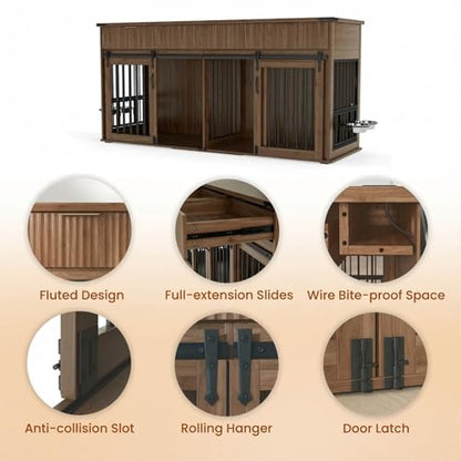 71'' Double Dog Crate Furniture, XXL Dog Kennel TV Stand,Walnut, view 6