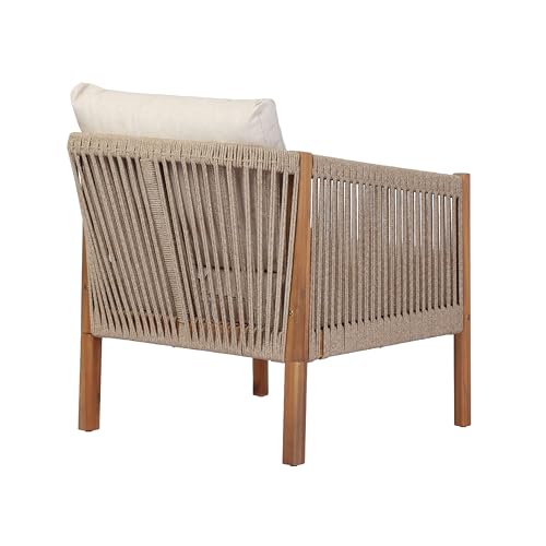Bubi Acacia Wood Lounge Chair Outdoor with Cushion, Solid Wood Patio Accent Chair with Woven Rope Accents, Patio Furniture Set Sofa Chair, Teak+Beige